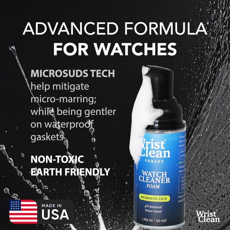 WristClean طقم تنظيف الساعات الأساسي | آمن على جميع المعادن والبلورات | (1x) رغوة منظف الساعات 50 مل، (1x) قطعة قماش لتنظيف الساعات والمجوهرات 10"x10"، (1x) فرشاة تنظيف الساعات | صنع في الولايات المتحدة (طقم مكون من 3 قطع) - Image 3